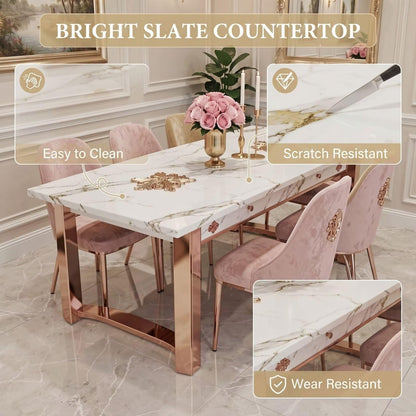 56"-88"Luxury Marble Dining Table with Rose Gold Metal Base for 6-8 People