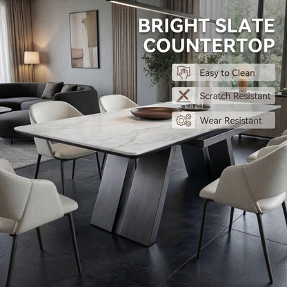 56"-88"Contemporary White Marble Dining Table with Matte Black Metal Base