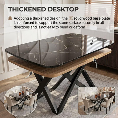 56"-88"Black Marble Dining Table with White Vein & Black X-Shaped Legs for 6