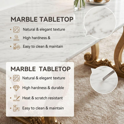 56"-88"Luxury Marble Dining Table with Carved Gold Metal Legs for 6 People