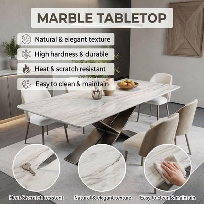 56"-88"White Marble Dining Table with Gunmetal X-Shaped Metal Base for 6 People