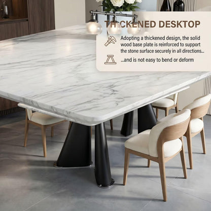 56"-88"White Marble Dining Table with Black Tapered Legs for 6 People