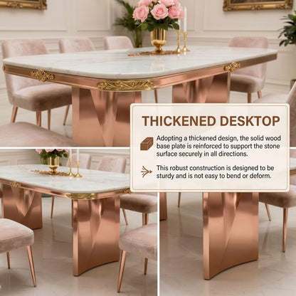56"-96"Luxury White Marble Dining Table with Rose Gold Frame for 6-8 People