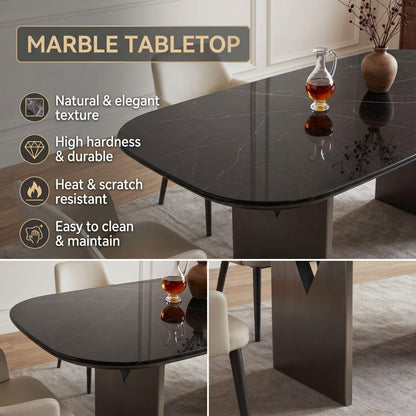 56"-88"Black Marble Oval Dining Table with Dark Wood Base for 4-6 People
