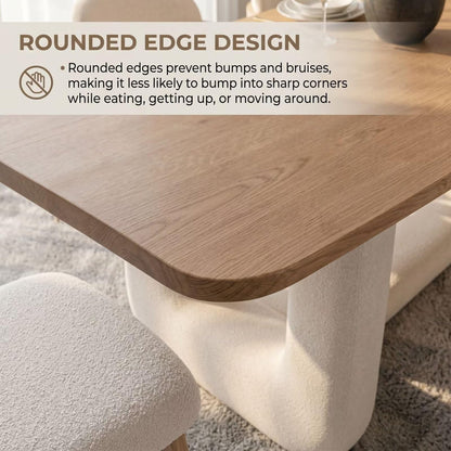 56"-88"Natural Wood Dining Table with Cream Boucle Base for 4-6 People