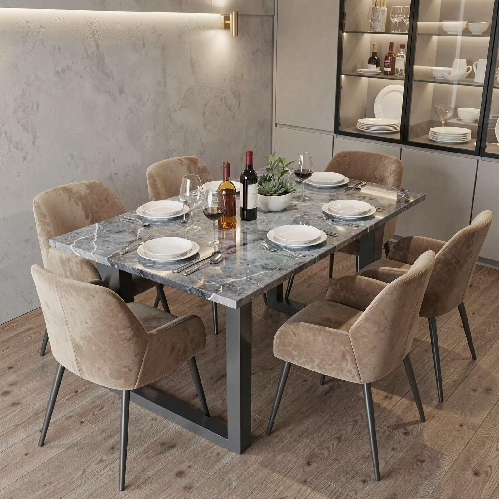 56"-96"Marble Dining Table Set with 6 Velvet Chairs, Modern Kitchen Table