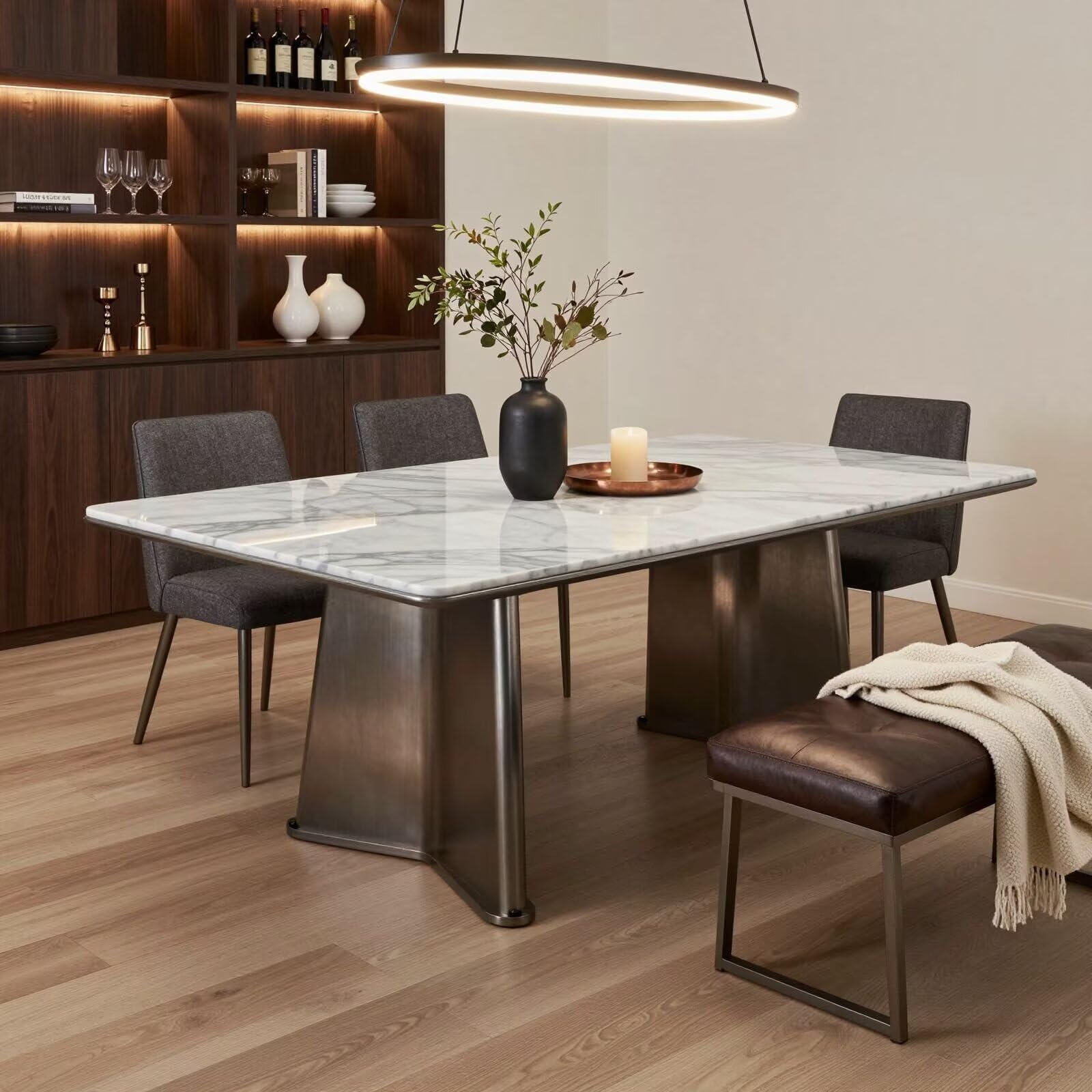 56"-96"White Marble Dining Table with Brushed Metal Bases, Modern Rectangular Kitchen Table