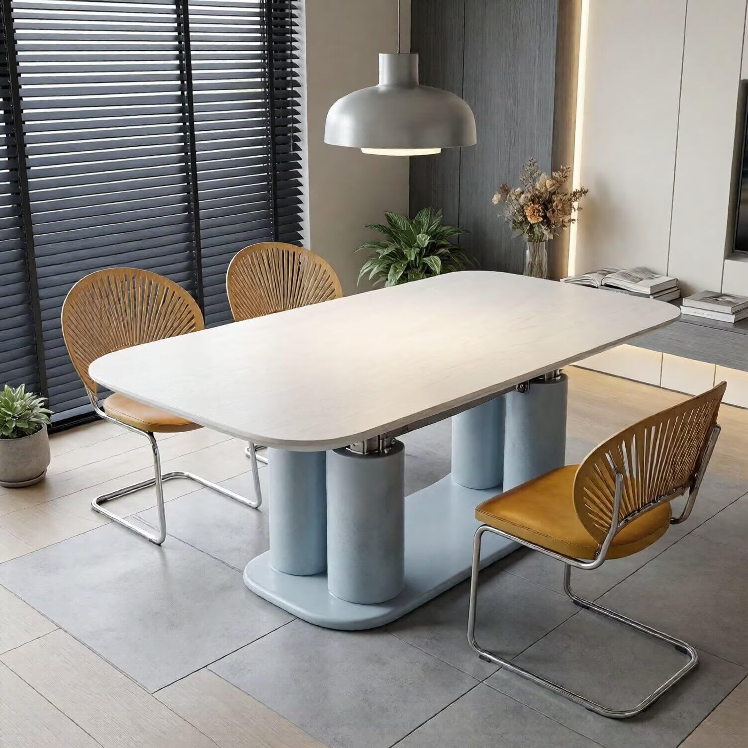 56"-96"Contemporary Artistic Dining Table, Rounded White Top with Unique Light Blue Column Base