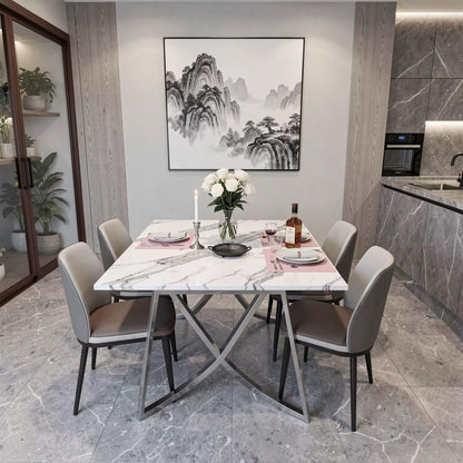 56"-96"Modern Rectangular Marble Dining Table with Polished Silver Metal Legs
