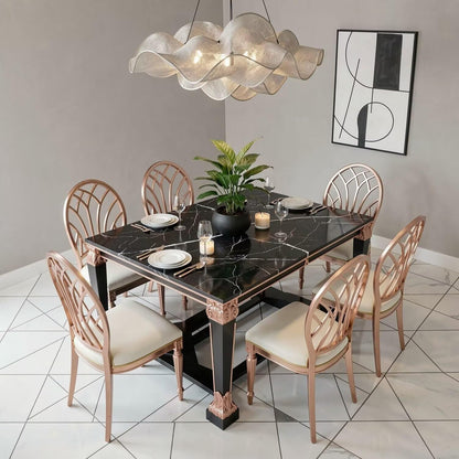 56"-96"Luxury Dining Table, Black Marble Top with Rose Gold Accents & Ornate Legs for 6