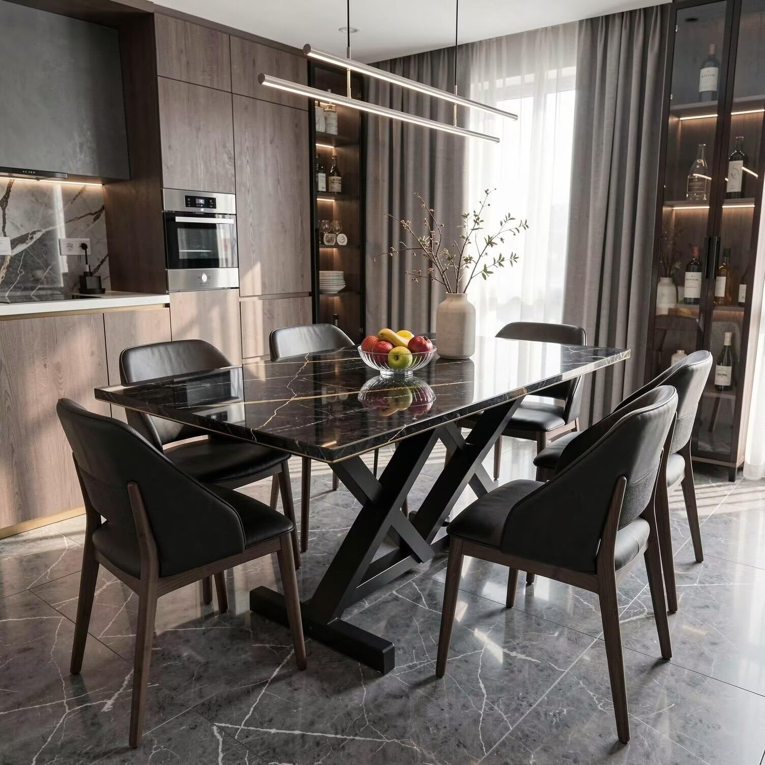 56"-96"Modern Industrial Dining Table, Black Marble Top with Crisscross Metal Base for 6
