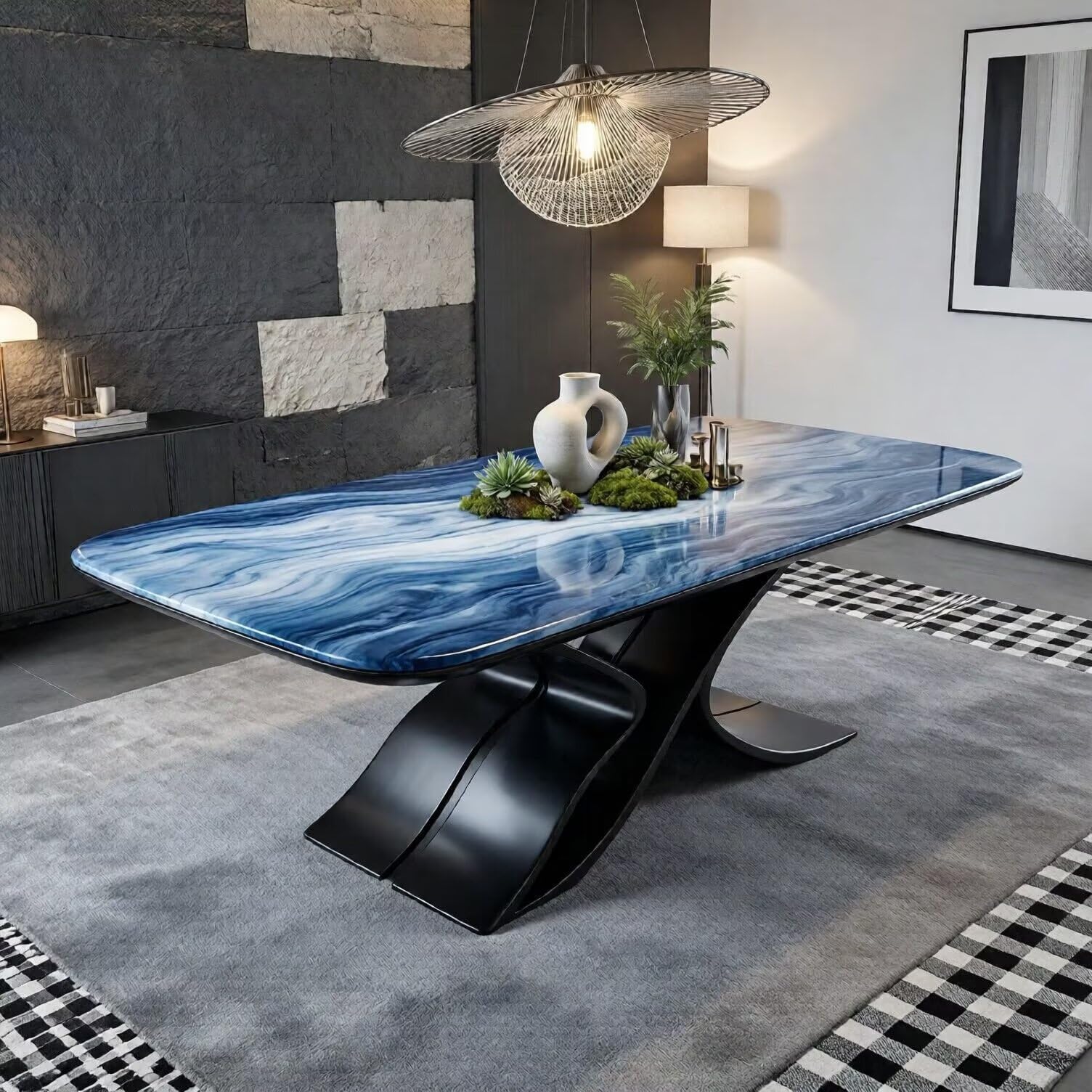 56"-96"Elegant Statement Dining Table, Blue Swirl Marble Top with Unique Sculptural Metal Base