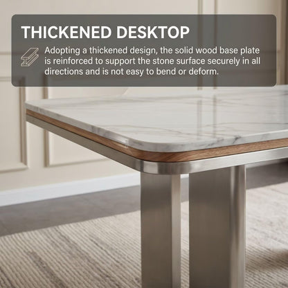 56"-88"White Marble Dining Table with Walnut Trim & Brushed Steel Base