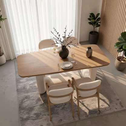 56"-88"Natural Wood Dining Table with Cream Boucle Base for 4-6 People