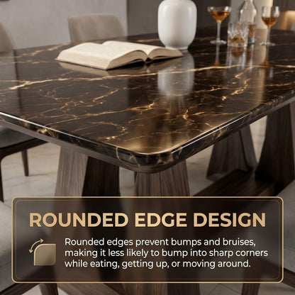 56"-88"Black Marble Dining Table with Natural Wood Base for 6-8 People