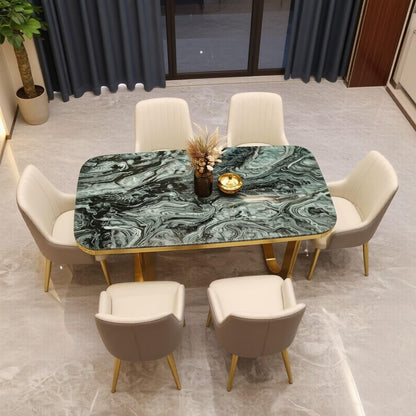 56"-88"Luxury Green Marble Dining Table with Gold Metal Frame for 6 People