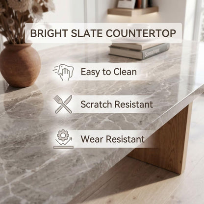 56"-88"Light Gray Marble Dining Table with Natural Wood Base for 4-6 People