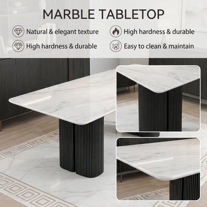 56"-96"White Marble Dining Table with Black Fluted Base for 6-8 People