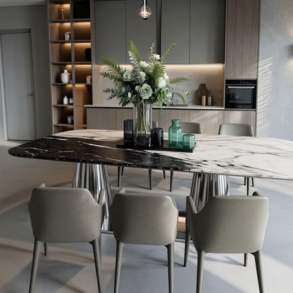 56"-88"Black & White Marble Dining Table with Polished Stainless Steel Base