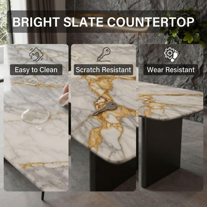 56"-88"Luxury Rectangular Marble Dining Table with Gold Streaks & Dark Legs
