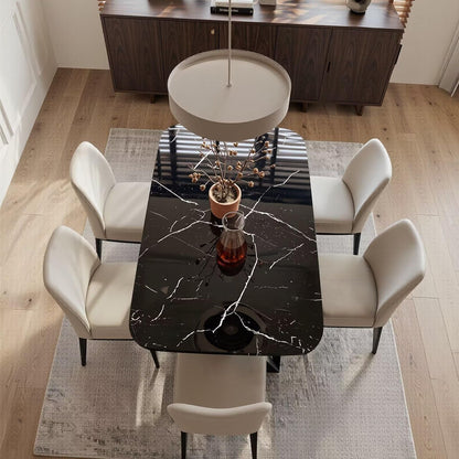 56"-88"Black Marble Dining Table with White Vein & Black X-Shaped Legs for 6