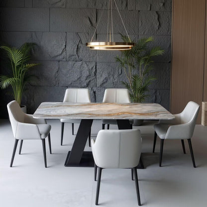 56"-88"Gray Marble Dining Table with Gold Vein & Black Metal Base for 6 People