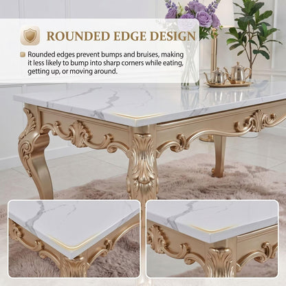 56"-88"Rectangular Dining Table with Marble Top & Antique Gold Rococo Base