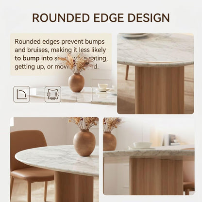 56"-88"Modern Oval Marble Dining Table with Solid Wood Pedestal Legs
