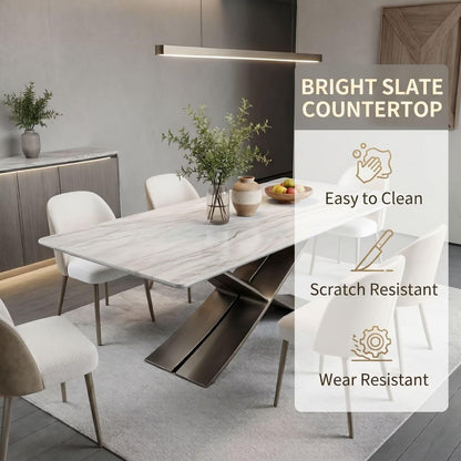 56"-88"White Marble Dining Table with Gunmetal X-Shaped Metal Base for 6 People