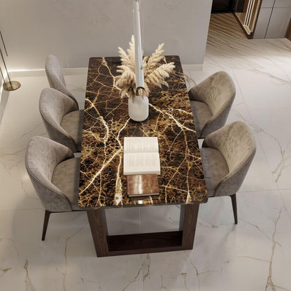 56"-88"Luxury Rectangular Dining Table, Dark Marble Top with Wood Frame Legs