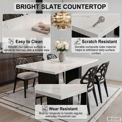 56"-88"Modern White Marble Dining Table with Black Fluted Base for 4-6 People