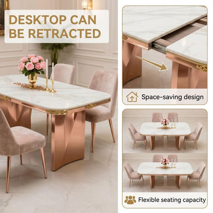 56"-88"Luxury Marble Dining Table with Rose Gold Base & Ornate Gold Trim