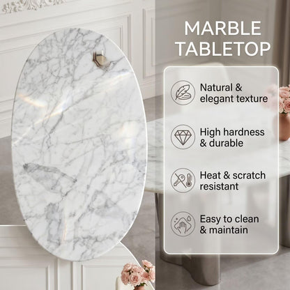 56"-88"Oval White Marble Dining Table with Polished Stainless Steel Base for 6