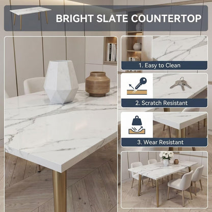 56"-88"Rectangular Sintered Stone Dining Table, White Kitchen Table with Marble Vein