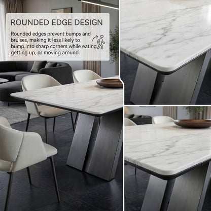 56"-88"Contemporary White Marble Dining Table with Matte Black Metal Base