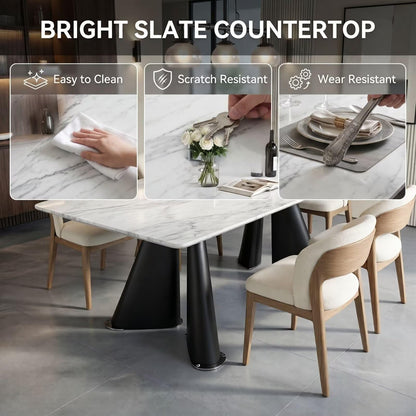 56"-88"White Marble Dining Table with Black Tapered Legs for 6 People