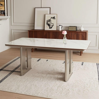 56"-88"White Marble Dining Table with Walnut Trim & Brushed Steel Base