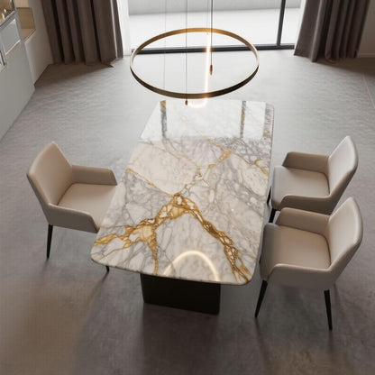 56"-88"Luxury Rectangular Marble Dining Table with Gold Streaks & Dark Legs