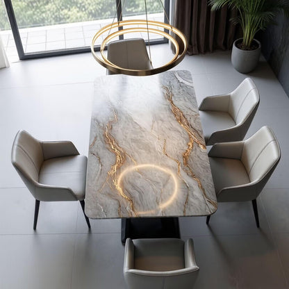 56"-88"Gray Marble Dining Table with Gold Vein & Black Metal Base for 6 People