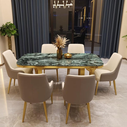 56"-88"Luxury Green Marble Dining Table with Gold Metal Frame for 6 People