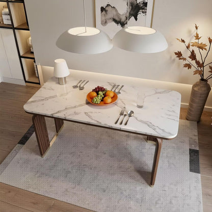 56"-88"White Marble Dining Table with Walnut Wood Legs & Gold Accents