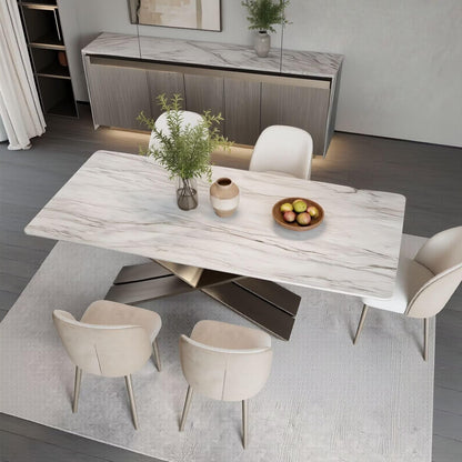 56"-88"White Marble Dining Table with Gunmetal X-Shaped Metal Base for 6 People