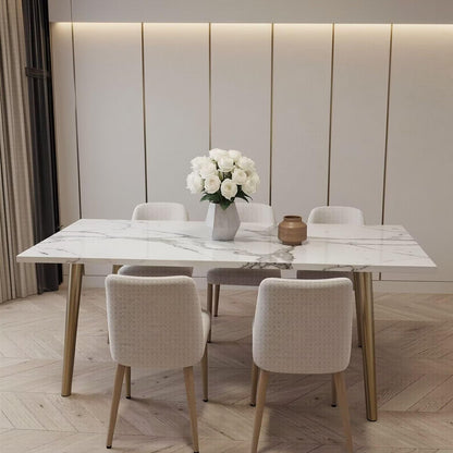 56"-88"Rectangular Sintered Stone Dining Table, White Kitchen Table with Marble Vein
