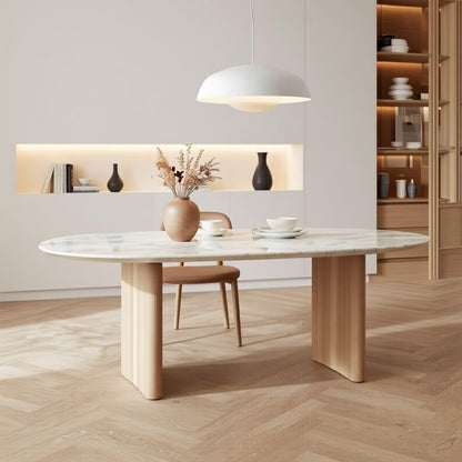 56"-88"Modern Oval Marble Dining Table with Solid Wood Pedestal Legs