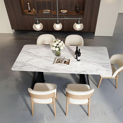 56"-88"White Marble Dining Table with Black Tapered Legs for 6 People