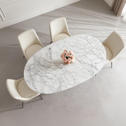 56"-88"Oval White Marble Dining Table with Polished Stainless Steel Base for 6