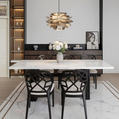 56"-88"Modern White Marble Dining Table with Black Fluted Base for 4-6 People
