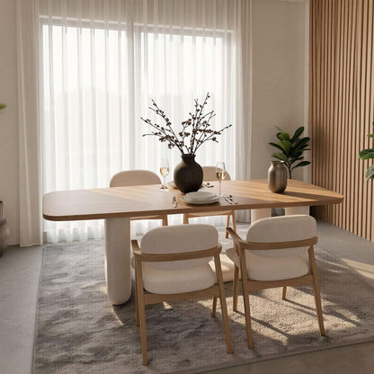 56"-88"Natural Wood Dining Table with Cream Boucle Base for 4-6 People