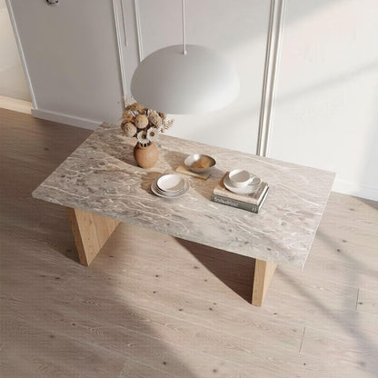 56"-88"Light Gray Marble Dining Table with Natural Wood Base for 4-6 People