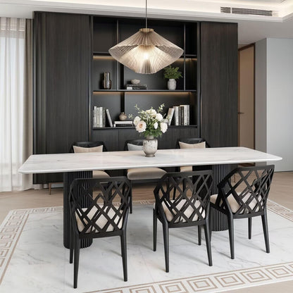 56"-96"White Marble Dining Table with Black Fluted Base for 6-8 People